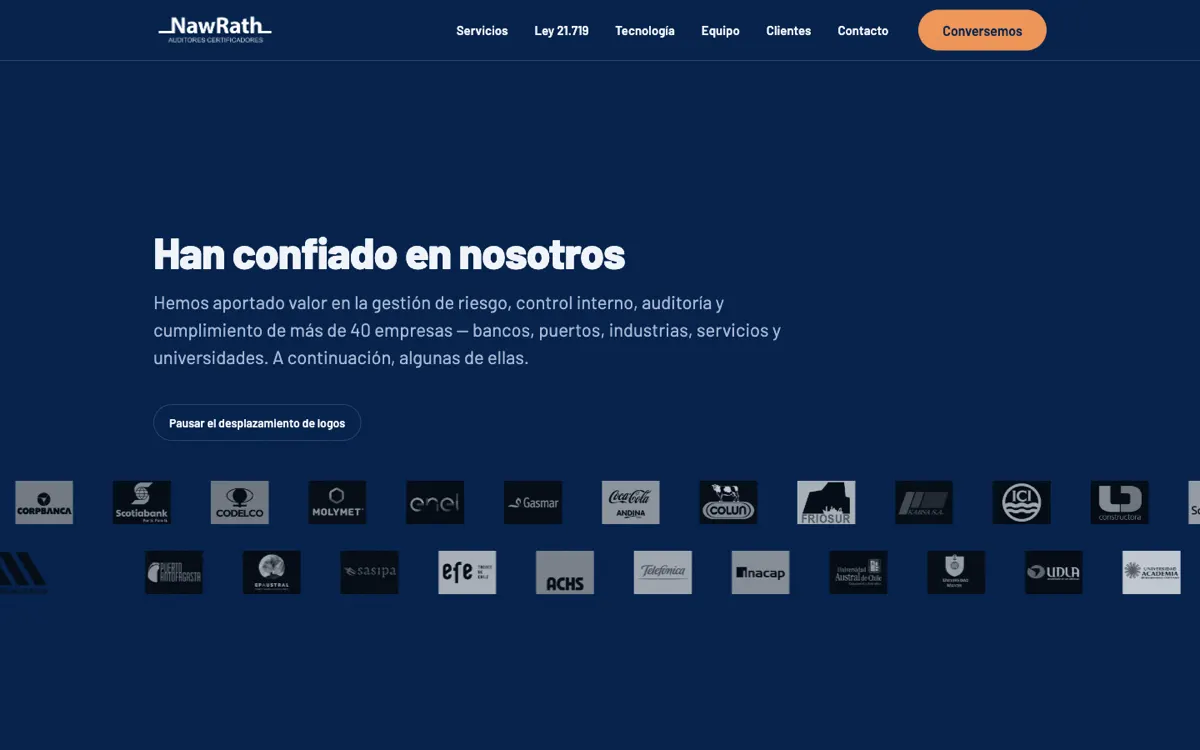 Sección de clientes con logotipos agrupados por rubro