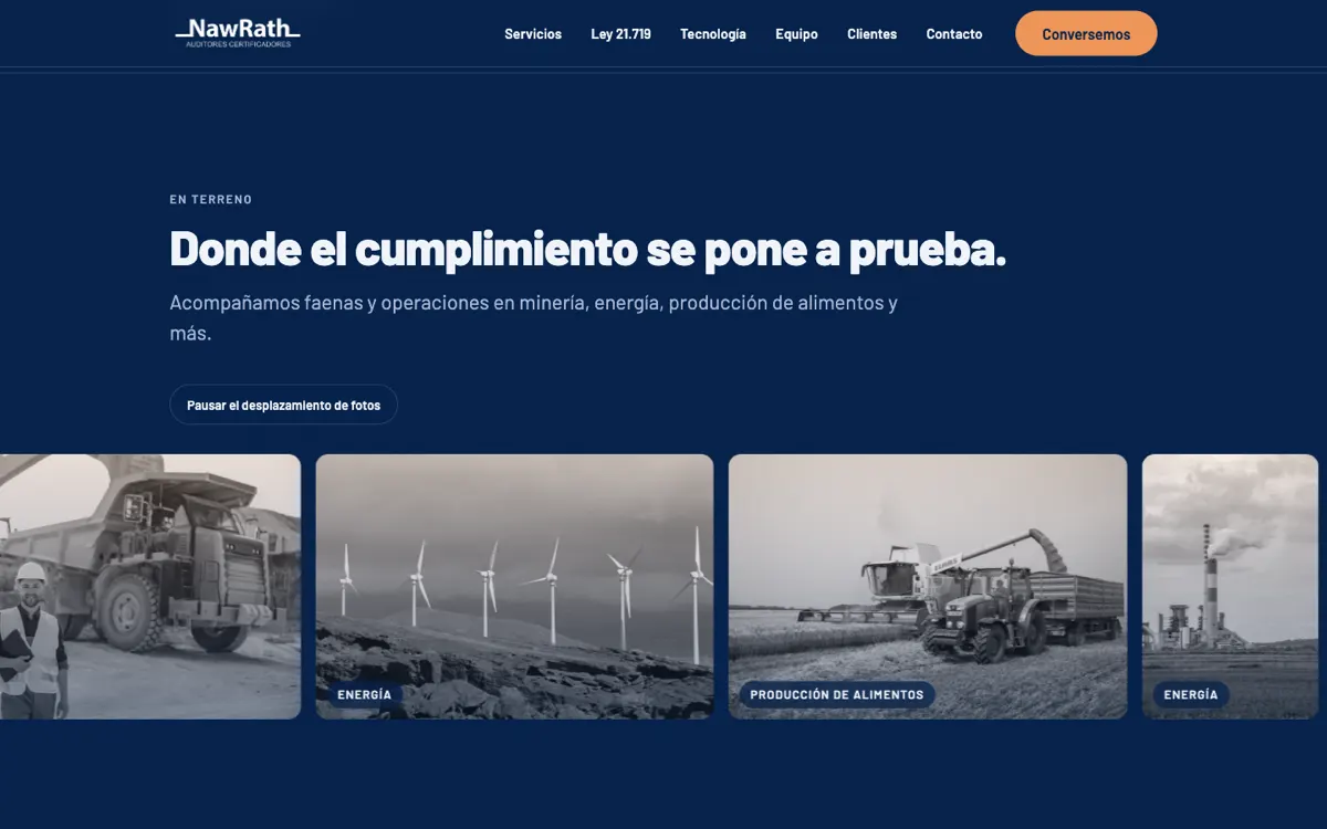 Sección «En terreno»: cinta de fotografías de faenas de minería, energía y producción de alimentos