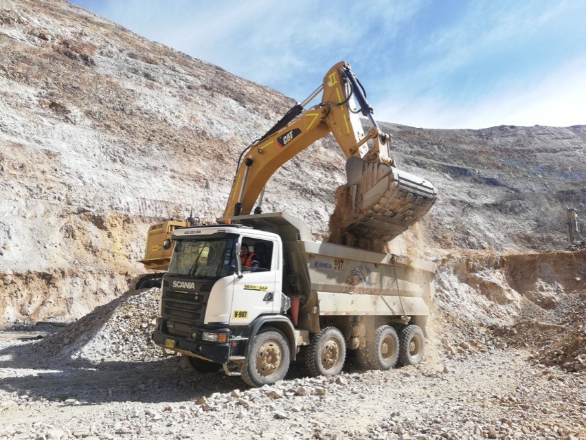 Excavadora cargando un camión tolva en una mina a rajo abierto